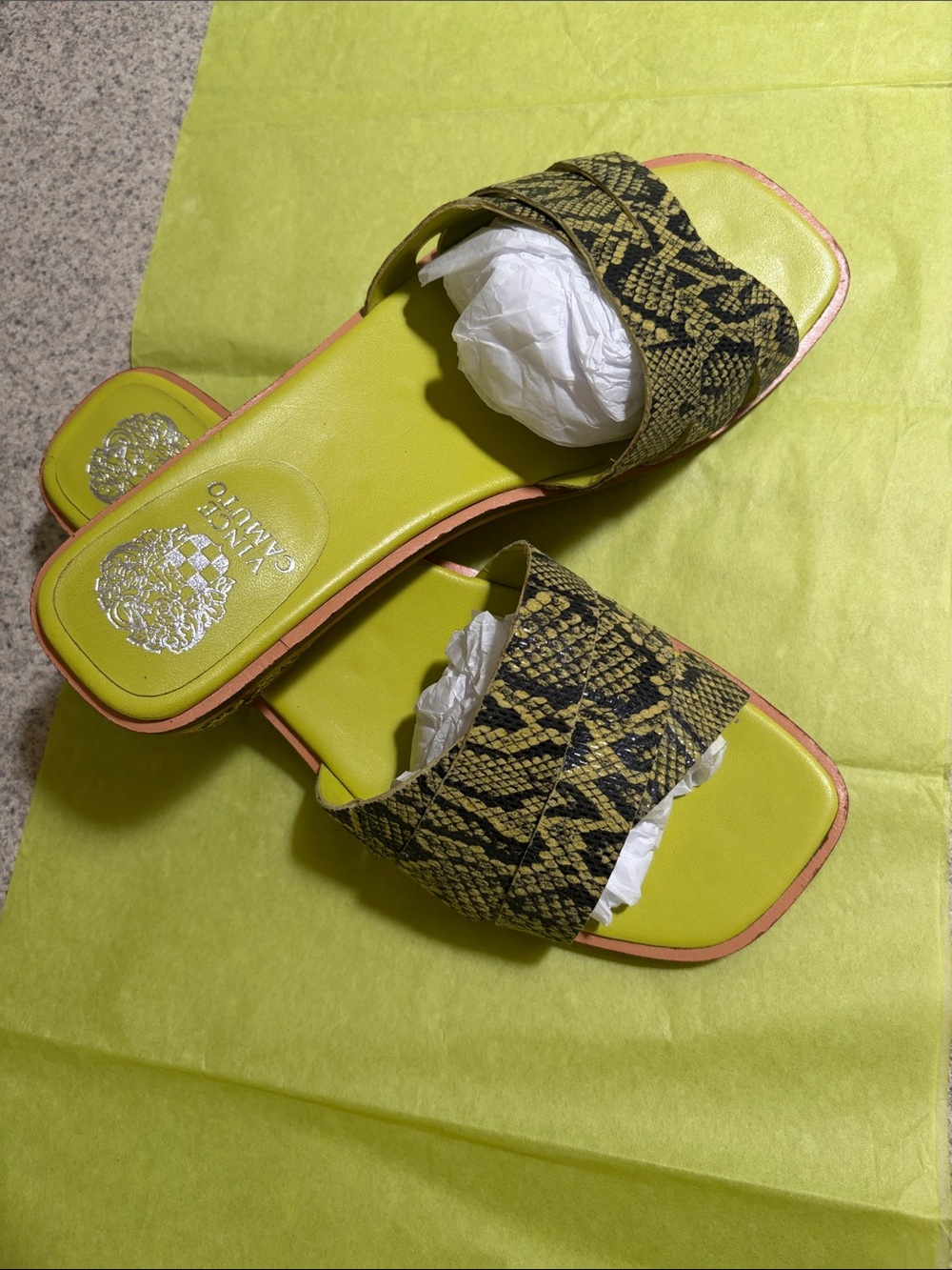 Vince Camuto Neon Lime Snake-Print Slide Sandals